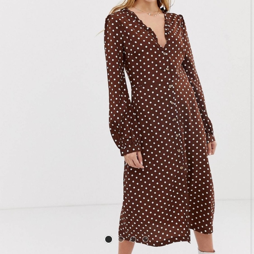 PrettyLittleThing Brown Polka Dot Midi Dress